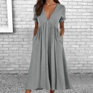 Freizeitkleider Einfarbiges Midikleid Eleganter V-Ausschnitt A-Linie mit plissiertem Saum Kurze Ärmel Taschen Damen Sommerurlaub Strandmode