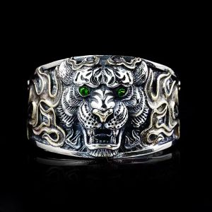 Domineering Green-Eyed Tiger Head Flame Mönster Öppna 14K Gold Ring Mens Punk Hip-Hop Rock Trend Jewelry Anniversary Gift