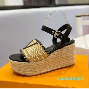 Sandali da donna firmati Décolleté con zeppa in pelle Fondo in paglia Espadrillas classiche da donna con scatola