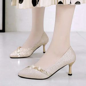 Pumpar kvinnor SEET Black Comfort Slip On Office Stiletto klackar för Night Club Lady Casual Wedding Golden High Heel Shoes For Party E7028