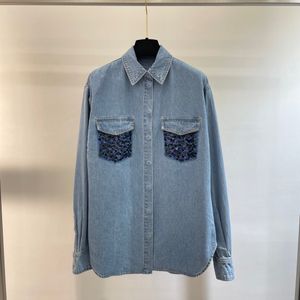 Vinatge 2024 azul lapela pescoço bolsos lantejoulas mangas compridas casaco feminino designer de alta qualidade jaqueta feminina 32113