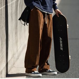 Calças casuais dos homens soltos em linha reta calças de veludo cintura elástica sweatpants moda streetwear primavera esportes jogger calças 240320