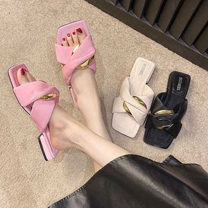 Slippers Cozy Soft Pu Leather Slides Women Flat Summer Outdoor Open Toe Metal Buckle Designer Sandals Shoes Blue Flip Flops H240322