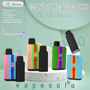 Autêntico Breze Stiik Tanque 2000 Descartável E Cigarro 6 ml Pré-preenchido Pod 650mAh Bateria Recarregável 18 Sabores Puffs 2K Vape Pen