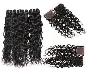 Brazilian Human Hair 4 Bundles with Closure 8A Brazilian Water Wave with 4x4 Lace Closure Wet And Wavy Human Hair Weave6207443