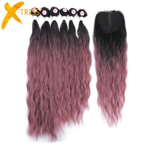Pack förpackning syntetiska hårbuntar med stängning mitten del rosrosa ombre färg hårväv för kvinnor xtress lång naturvåg
