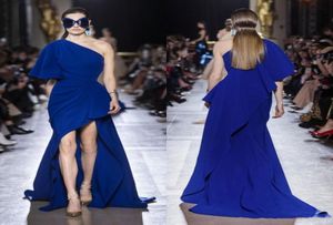 Elie Saab Runway High Low Prom Dresses 2019 Royal Blue One Capped Half Sleeves Cocktail Party Formal Gowns4006122