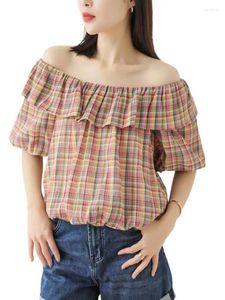 Women's Blouses Summer Cotton Sweet Lovely Lotus Collar Crop Tops For Women Puff Sleeves Vintage Plaid Breathable Mori Girl Style