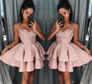 Dusty Rose Curto Homecoming Vestidos New Fall Spaghetti Straps A Line Layers Cocktail Dress Lace Lantejoulas Mini Prom Gowns1012919