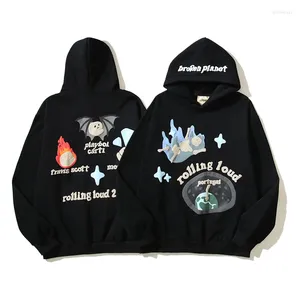 Erkek Hoodies 2024 Erkekler Kadın Graffiti Mektubu Puff Foaming Siyah Polar Kapşonlu Sokak Giyim Kazak Sudaderas Büyük Boy