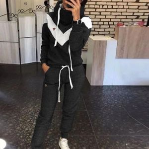 Women's Two Piece Pants Fleece 2 Sets Women Outfit Sportswear Hooded Ladies Suit Long Sleeve Fashion Casual Color Block Suits & Clothes