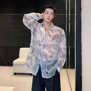 Camisas casuais masculinas 2024 verão transparente ultrafino sexy manga longa para homens estilo chinês impresso blusa proteção solar roupas