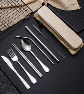 Rostfritt stål Flatvaror Set Portable Cutlery Set Travel Picnic Coderware Set Metal Straw With Box och Bag Kitchen Utensil Sea SH3644468
