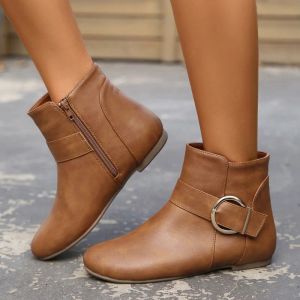 Stövlar Kvinnors ankelstövlar Plus -storlek Flat Woman Shoes Sidan blixtlås 2023 Outdoor Soft Leather Ladies Western Cowboy Boot Autumn Fashion