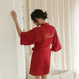 Mulheres sleepwear borgonha noiva carta bordado quimono robe vestido primavera faux seda roupão sexy v-pescoço curto casa vestido casual