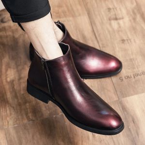 Winter Wine Red Men's Fashion Chelsea Boots Concise Genuine Leather Short Boots Classic Business ZIP Ankle Boots Black Shoes