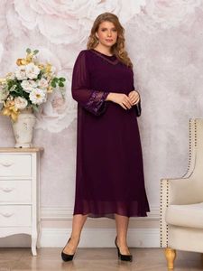 Basic Casual Dresses Plus Size Women Dresses Fashion O Neck Loose-fitting Long Sle Sequin Lace Patchwork Chiffon Dress for Party Banquet VestidosC24315