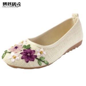 Flats Flors Vintage Mulheres Bordadas Flors Flor Flor Slip em linho de tecido de algodão confortável Old Pequimina Sapatos planos Sapato feminino