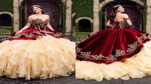 Sweetheart Burgundy velvet Ball Gown Quinceanera Dresses With Embroidery Tiered Skirts Lace Up Floor Length Vestido De Festa Sweet7298511