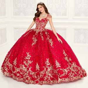 Abiti Quinceanera rossi scintillanti Abito da ballo con spalle scoperte Applicazioni dorate Perline in pizzo Tull Abiti dolci 16 15 Anos messicano