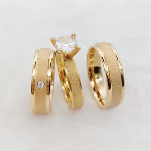 Cluster anéis namorada e namorado amantes 24k banhado a ouro titânio aço jóias casamento noivado conjuntos de noiva para homens mulheres