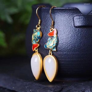 Dangle Earrings Antique Eardrops Super Fairy Court Style Long Double Fish Women's Sterling Silver Retro Ethnic Hetian Jade Burnt