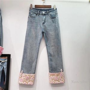 Women's Jeans Chinese Style Beads Flower For Women 2024 Spring And Summer High Waist Slimming Embroidered Pants Stretch