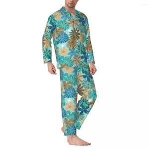 Mäns sömnkläder Ditsy Floral Spring Blue and Brown Loose Overdimensionerade pyjamas Set Mens Long Hidees Warm Bedroom Custom Home Suit