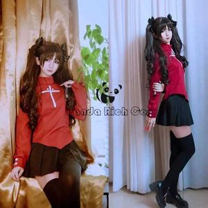 Cosplay Trajes de Anime Fate Stay Night Tohsaka Rin Cosplay Vem Menina Terno Vermelho Mulheres Halloween Vem Vestido Tohsaka Rin Peruca Festa Role PlayingC24321