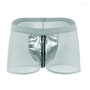 Underpants PU 가죽 지퍼 얼음 실크 맨 속옷 복서 섹시한 얇은 투명한 수컷 편안한 단색 에로틱 복서 쇼트
