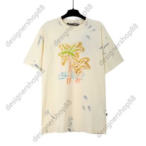 Tik Tok Influencer Samma designer Brand Pure Cotton Graffiti Coconut Tree Beach Back Bat Tryck Kort ärm Loose Casual Par T-shirt för män och kvinnor