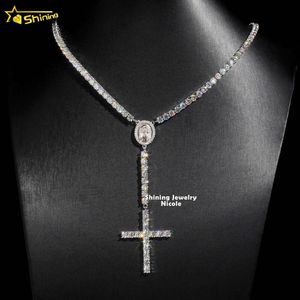 Designer smycken Hot Selling S925 Hip Hop Fashion Trendy D VVS Moissanite Diamond 4mm Rosary Cross Necklace 925 Silver Tennis Chain Chain