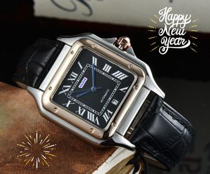 Luxury Square Tank Roman Botton Twire Drawing Echnology Watch Quartz Movment Men Time Day Brown Black Leather Strap rostfritt stål Fodral Arvurpresent