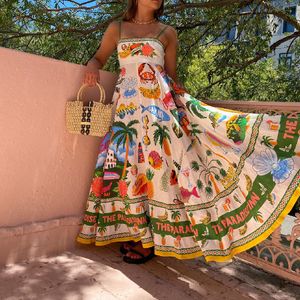 Fancy Women's Long Dress Abstrakt mönster midja ärmlös linne positionering tryck halter graffiti tryck ärmlös sväng bomullslinne klänning