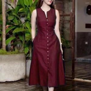 Casual Dresses Women Summer Dress Single-Breasted Sleeveless Pockets A-Line Mid-Calf Längd Tight midja Lady Midi