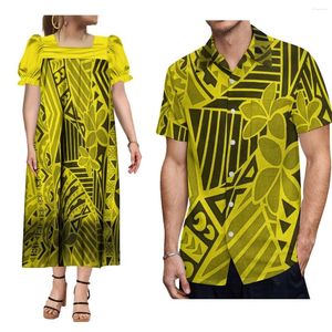 Vestidos de festa linda roupa polinésia samoan colarinho quadrado impressão midi vestido bonito mangas inchadas com camisa masculina aloha casal terno