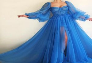 Romantic Blue Muslim Evening Dresses Aline Sweetheart Long Sleeves Tulle Islamic Dubai Saudi Arabic Gown Prom7460191