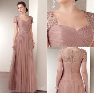 Vintage Pink A-Line Mother of the Bride Dress 2024 Sweetheart Cap Sleeves Spetsapplikationer Gästklänningar Bröllopsfestklänningar Robe de Soiree