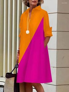 Casual Dresses Women Turn-Down Collar Button Lång ärmskjorta klänning 2024 Spring Fashion Patchwork Dot Print Löst knälängd