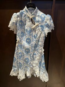 Ny kinesisk stil blå och vit porslin cheongsam, kvinnors förbättrade retro tryckt kort kjol