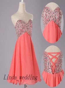 Real Sample Picture Coral Colour Prom Dress New Arrival Beaded Short Chiffon Girl Corset Prom Gown Evening4396163