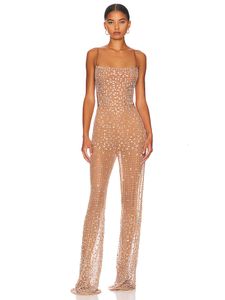 Sexiga remmar perspektiv Mesh Crystal Diamond Jumpsuit Women Aprikos ärmlös backless Shiny Rhinestone Jumpsuits Party Club