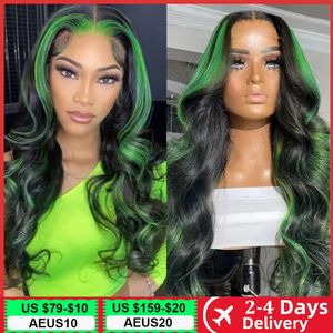 Green Highlight Human Hair Wigs 13x4 Body Wave Lace Frontal Wigs for Women Colored Green 13x6 HD Remy Wavy Lace Front Wigs