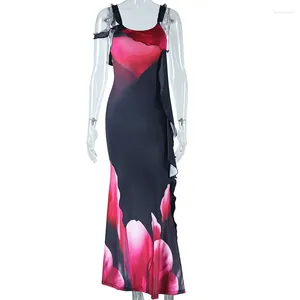 Casual Dresses Summer U Neck Sleeveless Tie Dye Printed Backless Long Split Ruffle Slim Fit Beach Holiday Gowns 2024