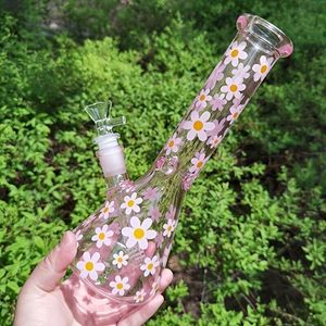 Glass Pink Daisy Bong Dab Rigs Hookahs Beaker Base Downstem Perc Smoke Pipe Bubbler With 14mm Joint 25cm tall