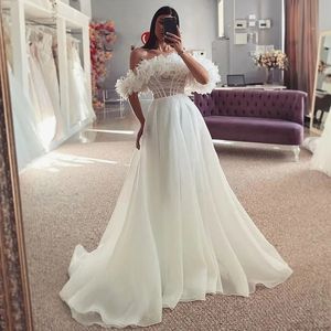Chic Ruffles Organza A Line Wedding Dresses Sexy Off The Shoulder Sheer Top Simple Boho Long Bride Wedding Gown Sweep Train 2024