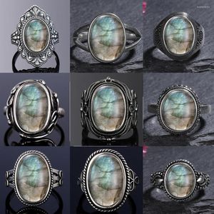 Anelli a grappolo Anello in argento sterling S925 per le donne Anello ovale rotondo in labradorite naturale regalo a forma di sole retrò gioielleria raffinata di lusso