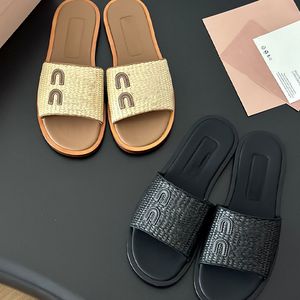 Nuove pantofole di paglia Pantofole piatte intrecciate di lusso Sandali con lettera firmati Scarpe da donna in vera pelle Pantofole da spiaggia estive Sandali con piattaforma di moda di alta qualità