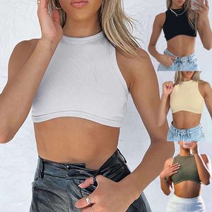 New Summer Women's Solid Color Small Pit Stripe Round Neck Open Navel Slim Fit Tank Top