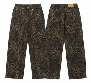 Женские джинсы с леопардовым принтом, женские винтажные широкие джинсовые брюки с высокой талией, 2024, уличная мода, повседневная одежда в стиле ретро, мешковатые сумки Y2k